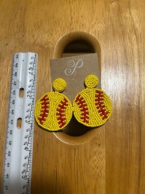 Yellow Beaded Softball Dangle Earrings